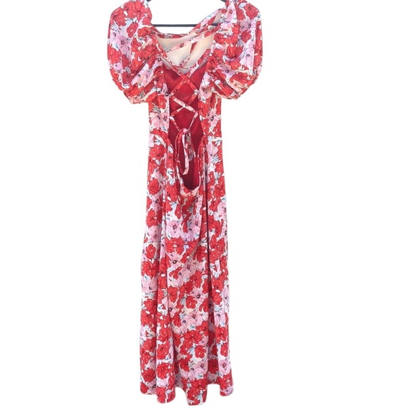 Dizzy Lizzy Womens small pink and red floral puff sleeve corset back maxi dress - Picture 2 of 7